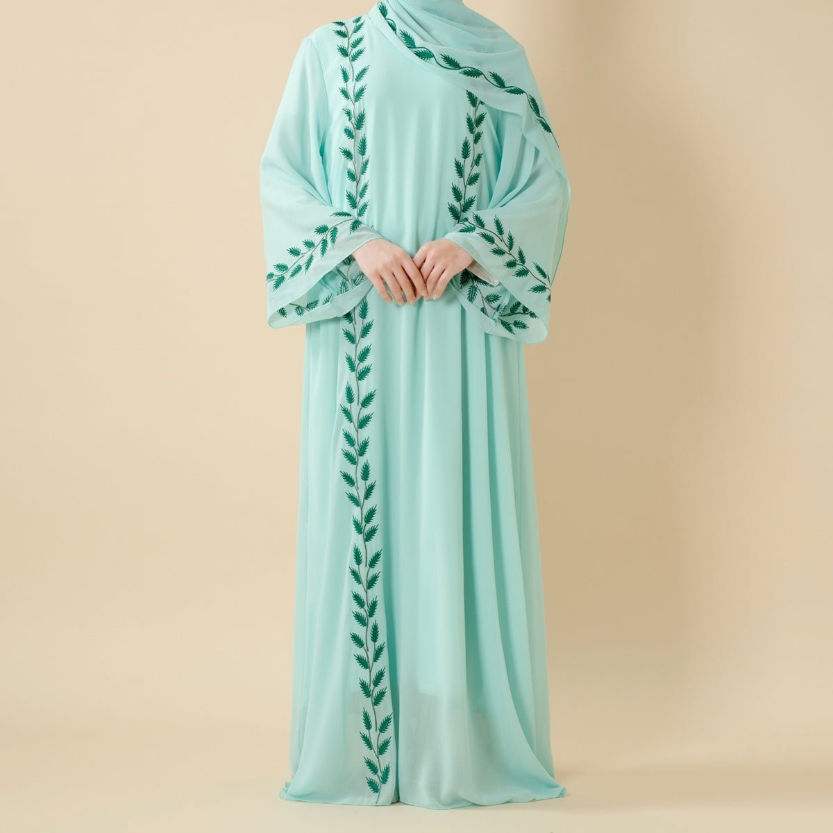 Summer Floral Embroidered Elegant Crew Neck Long Sleeve Chiffon Abaya Dress with Matching Headscarf (MA230)