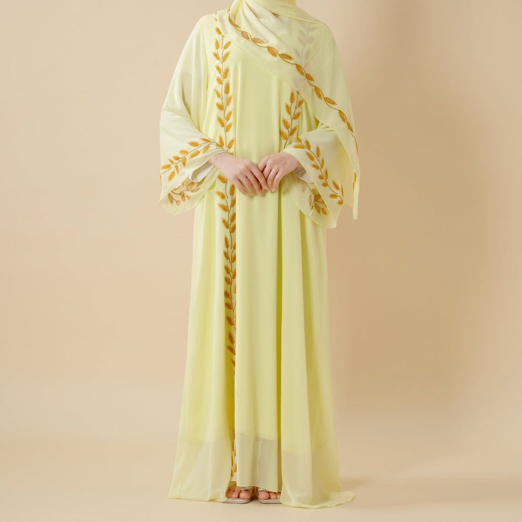 Summer Floral Embroidered Elegant Crew Neck Long Sleeve Chiffon Abaya Dress with Matching Headscarf (MA230)