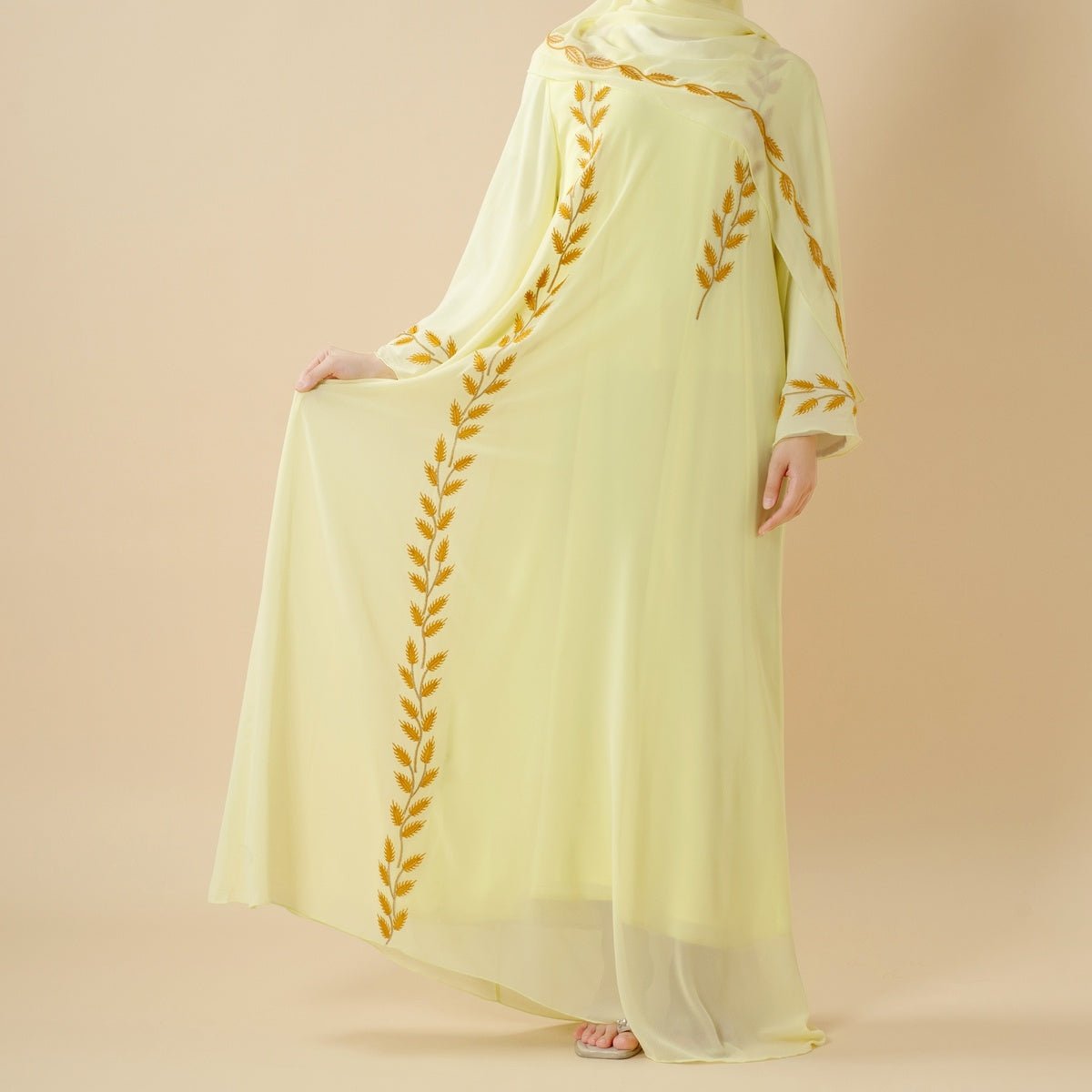 Summer Floral Embroidered Elegant Crew Neck Long Sleeve Chiffon Abaya Dress with Matching Headscarf (MA230)