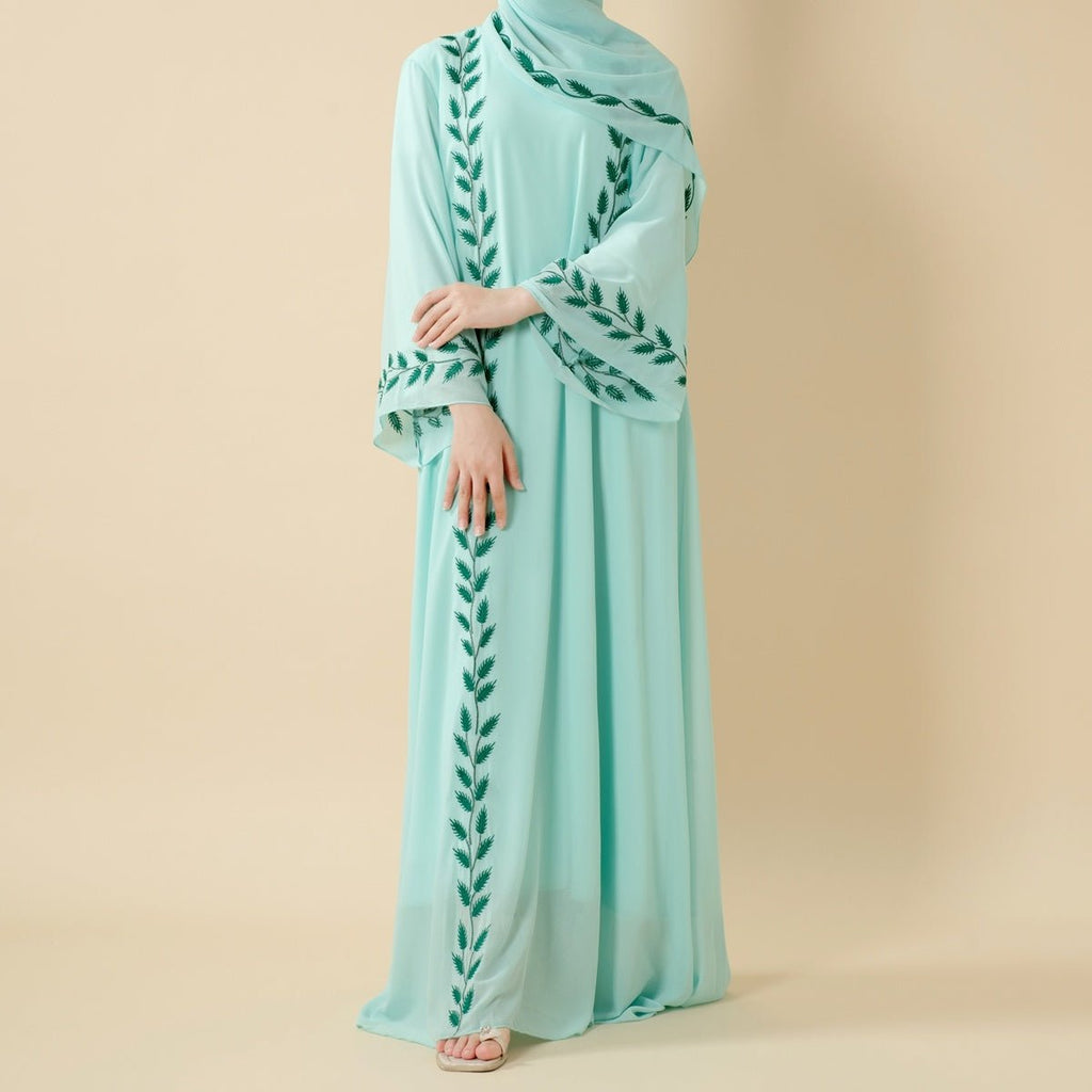 Summer Floral Embroidered Elegant Crew Neck Long Sleeve Chiffon Abaya Dress with Matching Headscarf (MA230)