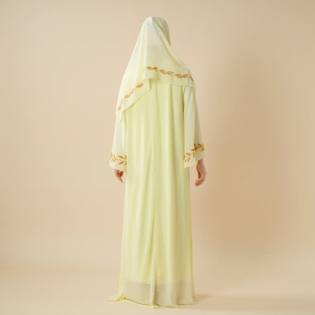 Summer Floral Embroidered Elegant Crew Neck Long Sleeve Chiffon Abaya Dress with Matching Headscarf (MA230)