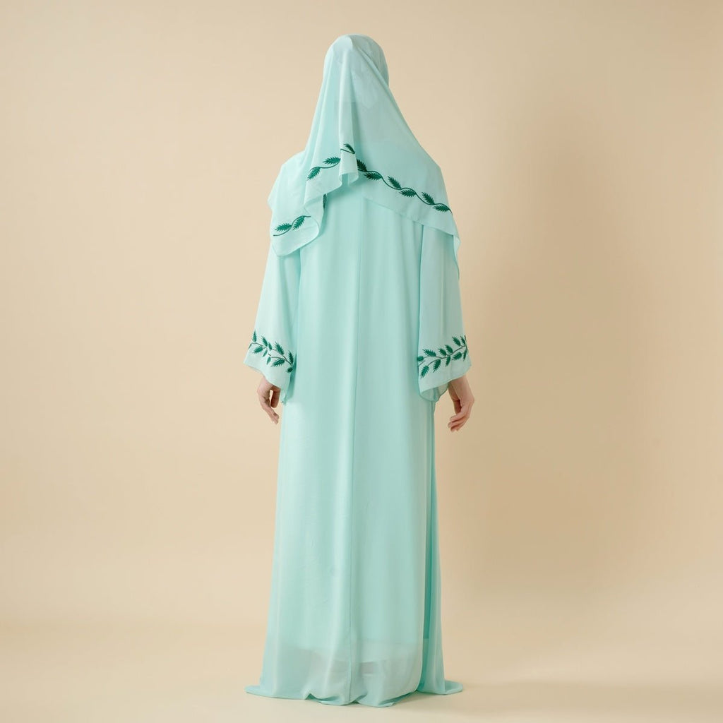 Summer Floral Embroidered Elegant Crew Neck Long Sleeve Chiffon Abaya Dress with Matching Headscarf (MA230)
