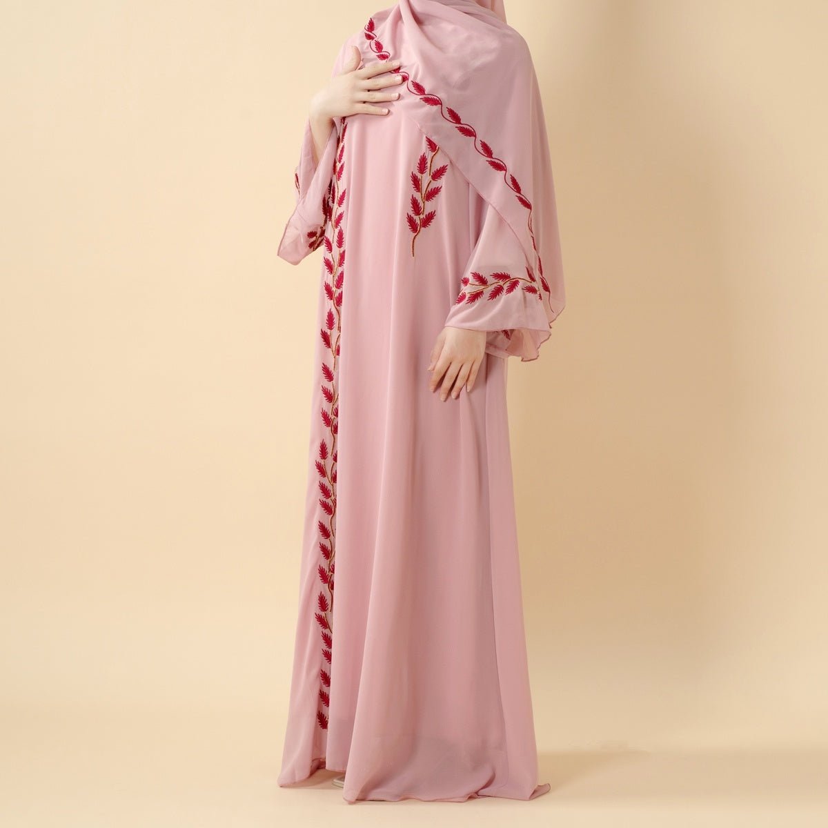 Summer Floral Embroidered Elegant Crew Neck Long Sleeve Chiffon Abaya Dress with Matching Headscarf (MA230)