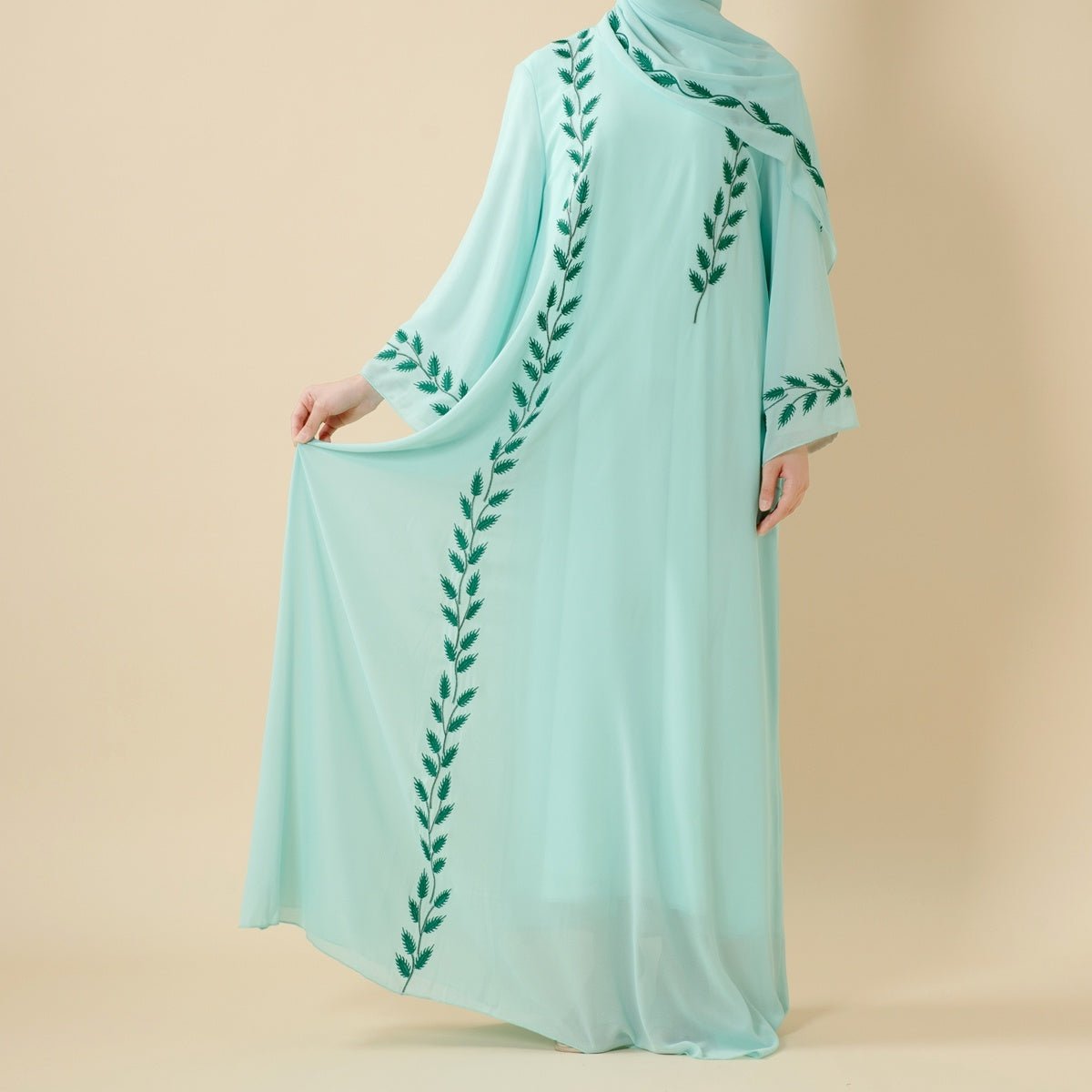Summer Floral Embroidered Elegant Crew Neck Long Sleeve Chiffon Abaya Dress with Matching Headscarf (MA230)