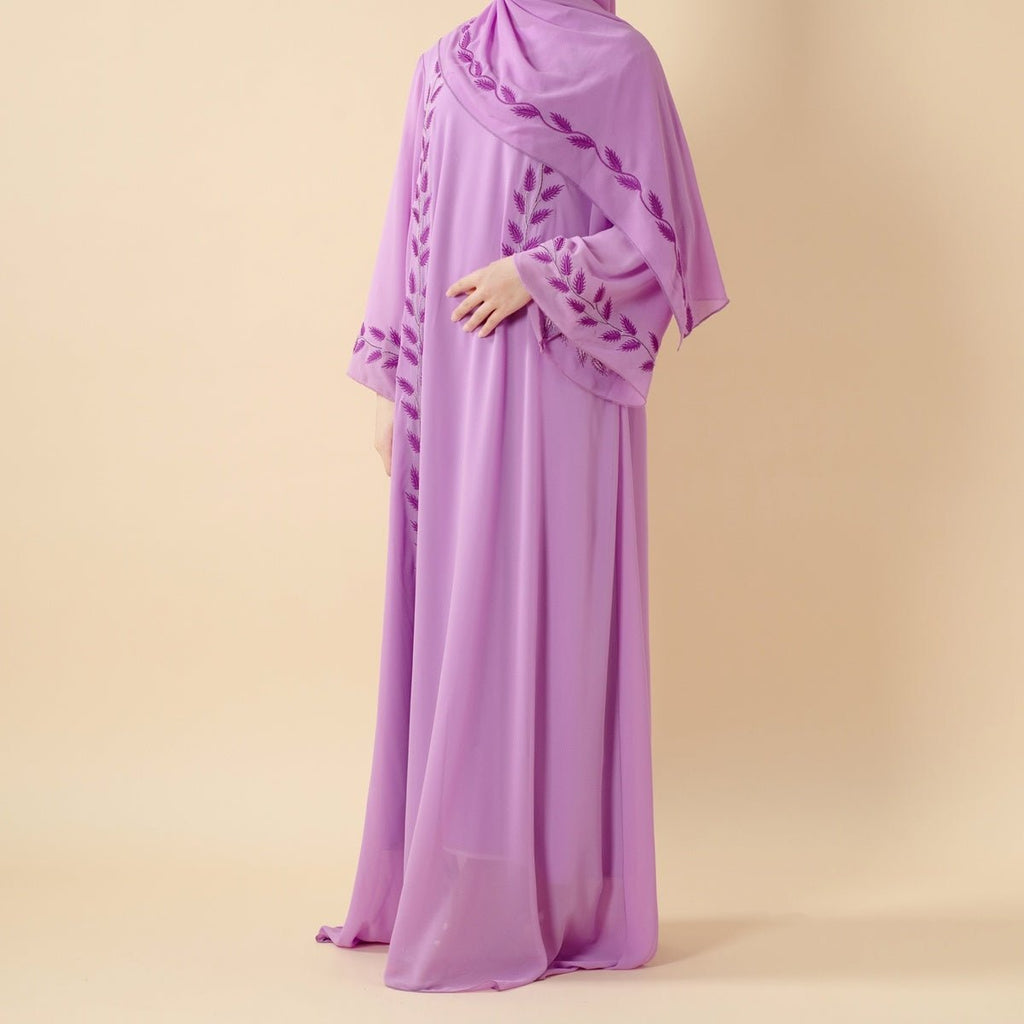 Summer Floral Embroidered Elegant Crew Neck Long Sleeve Chiffon Abaya Dress with Matching Headscarf (MA230)