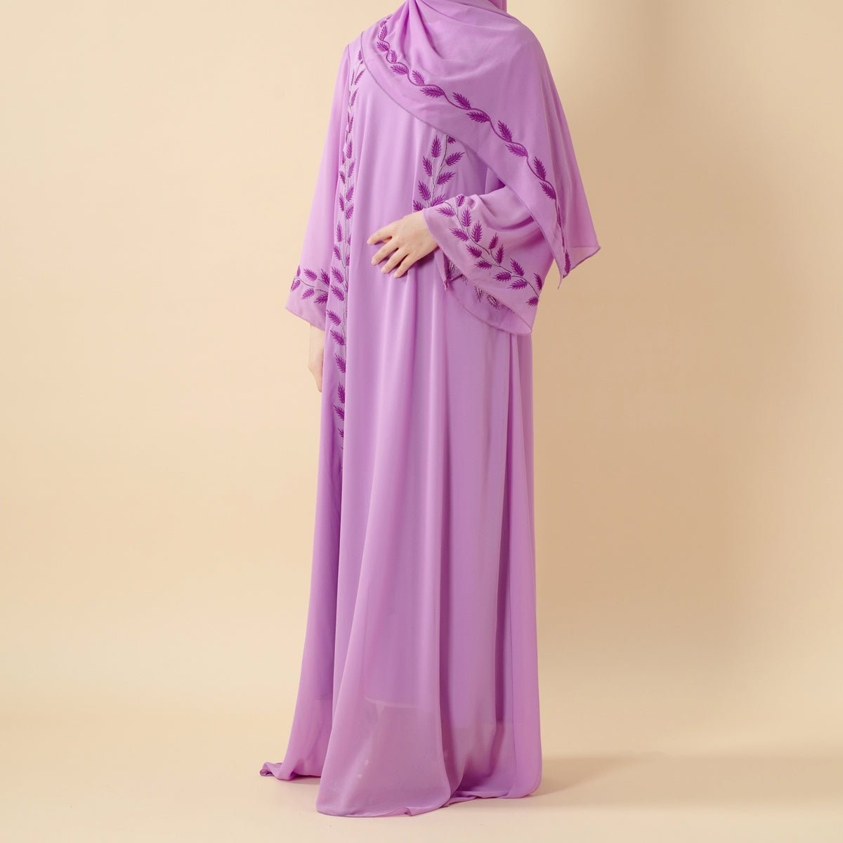 Summer Floral Embroidered Elegant Crew Neck Long Sleeve Chiffon Abaya Dress with Matching Headscarf (MA230)