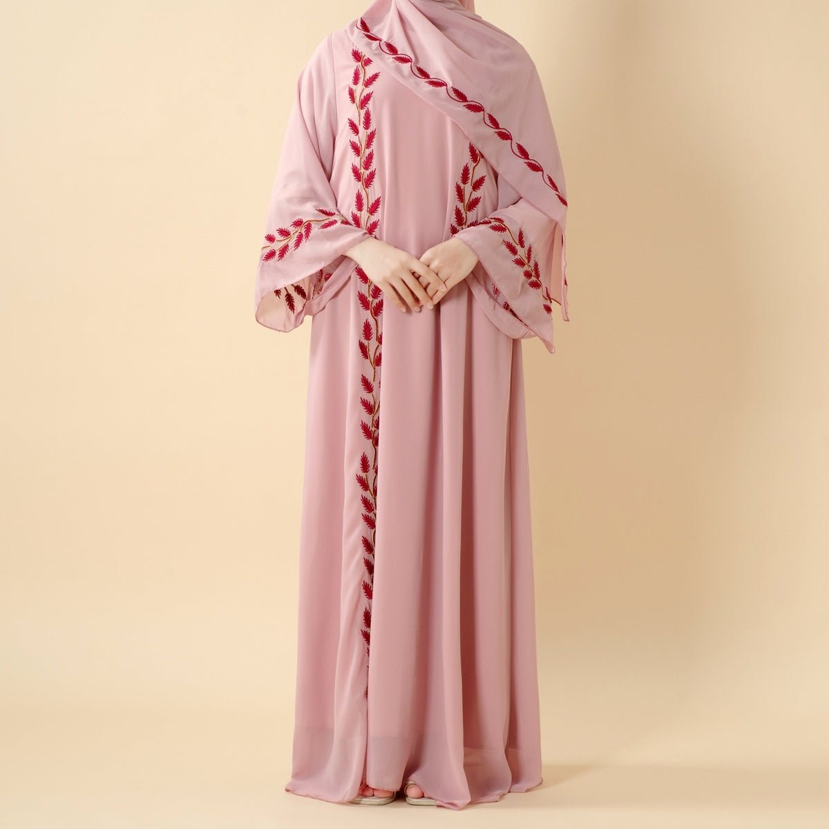 Summer Floral Embroidered Elegant Crew Neck Long Sleeve Chiffon Abaya Dress with Matching Headscarf (MA230)