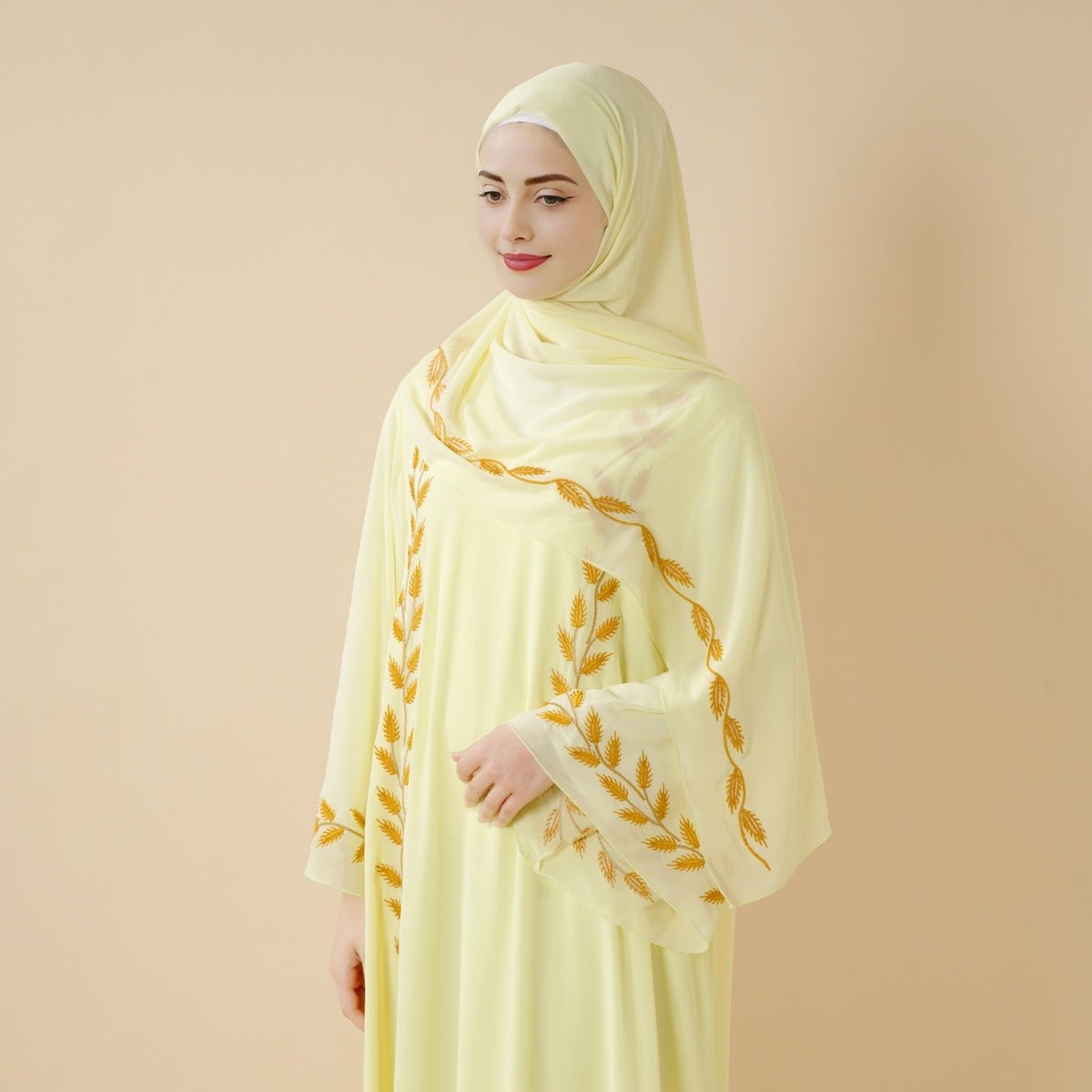 Summer Floral Embroidered Elegant Crew Neck Long Sleeve Chiffon Abaya Dress with Matching Headscarf (MA230)