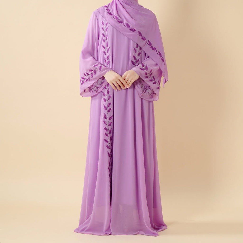 Summer Floral Embroidered Elegant Crew Neck Long Sleeve Chiffon Abaya Dress with Matching Headscarf (MA230)
