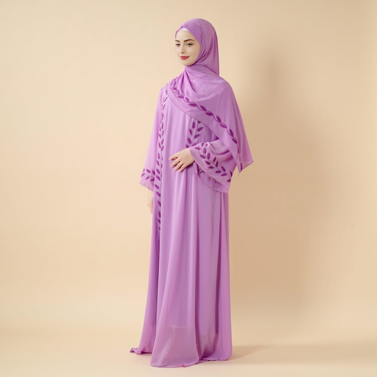 Summer Floral Embroidered Elegant Crew Neck Long Sleeve Chiffon Abaya Dress with Matching Headscarf (MA230)