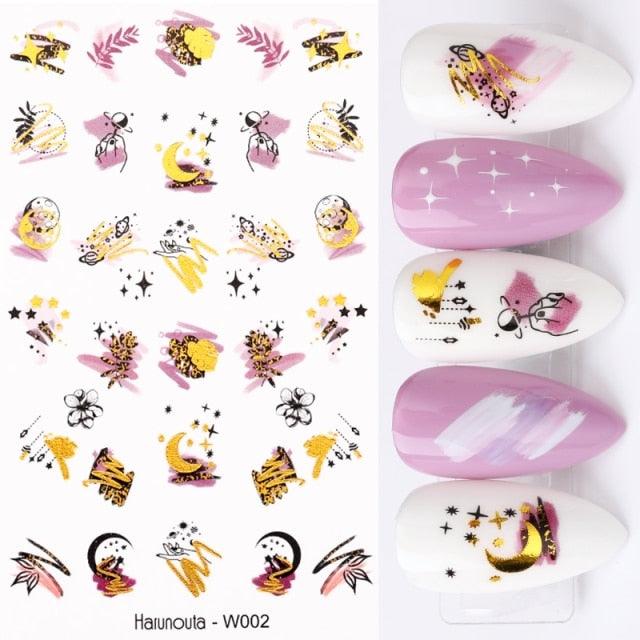 Summer Glitter Nail Decals Stickers Gold Black White Leaf Manicuring Foils Geometric Slider Nail Art Adhesive Decor Adhesive 3D Wave Design Decoration for Women Girls Art Stickers Decal Decoration Metallic Curve Strip Line Nail Decor