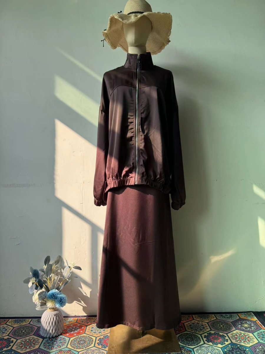 New Summer Satin Long Sleeve Dress | Modest Fashion Waist Drop Long Dress Set (MS079)
