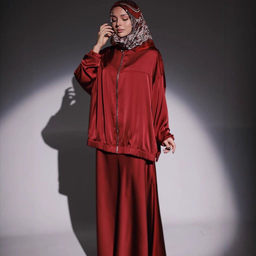 New Summer Satin Long Sleeve Dress | Modest Fashion Waist Drop Long Dress Set (MS079)