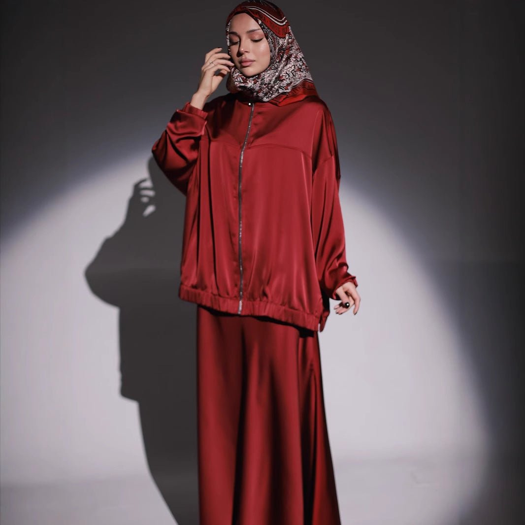 New Summer Satin Long Sleeve Dress | Modest Fashion Waist Drop Long Dress Set (MS079)