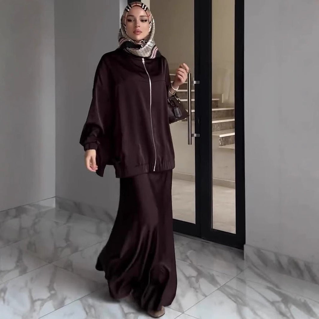 New Summer Satin Long Sleeve Dress | Modest Fashion Waist Drop Long Dress Set (MS079)