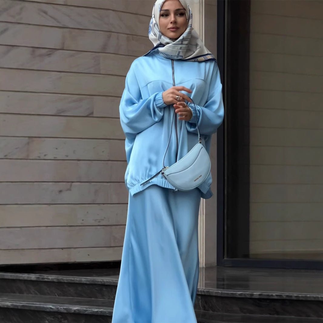 New Summer Satin Long Sleeve Dress | Modest Fashion Waist Drop Long Dress Set (MS079)