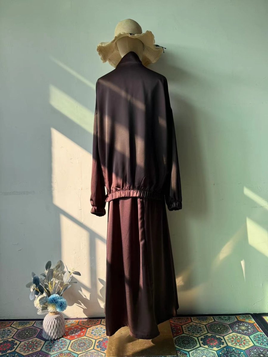 New Summer Satin Long Sleeve Dress | Modest Fashion Waist Drop Long Dress Set (MS079)