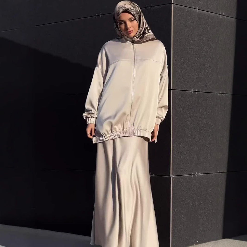 New Summer Satin Long Sleeve Dress | Modest Fashion Waist Drop Long Dress Set (MS079)