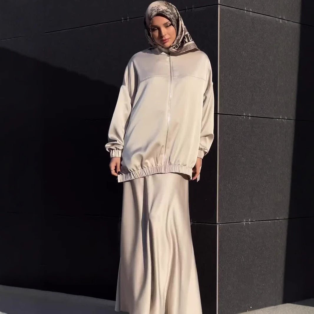 New Summer Satin Long Sleeve Dress | Modest Fashion Waist Drop Long Dress Set (MS079)