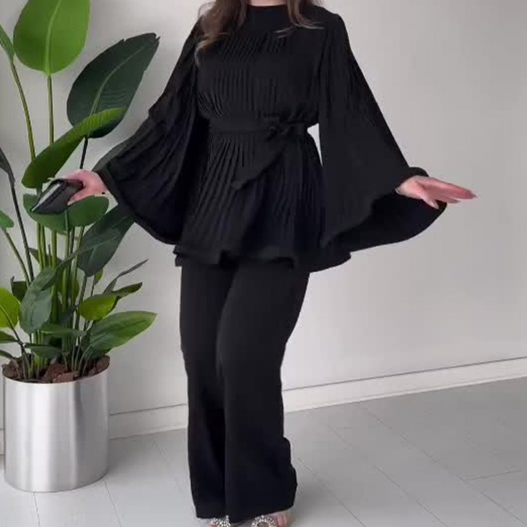 Summer Pleated Design Breathable Loose Pants Two-Piece Set (MS083)