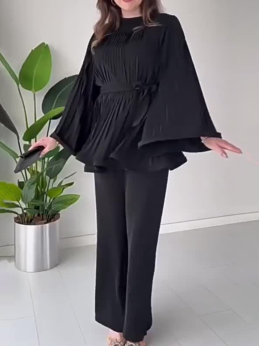 Summer Pleated Design Breathable Loose Pants Two-Piece Set (MS083)