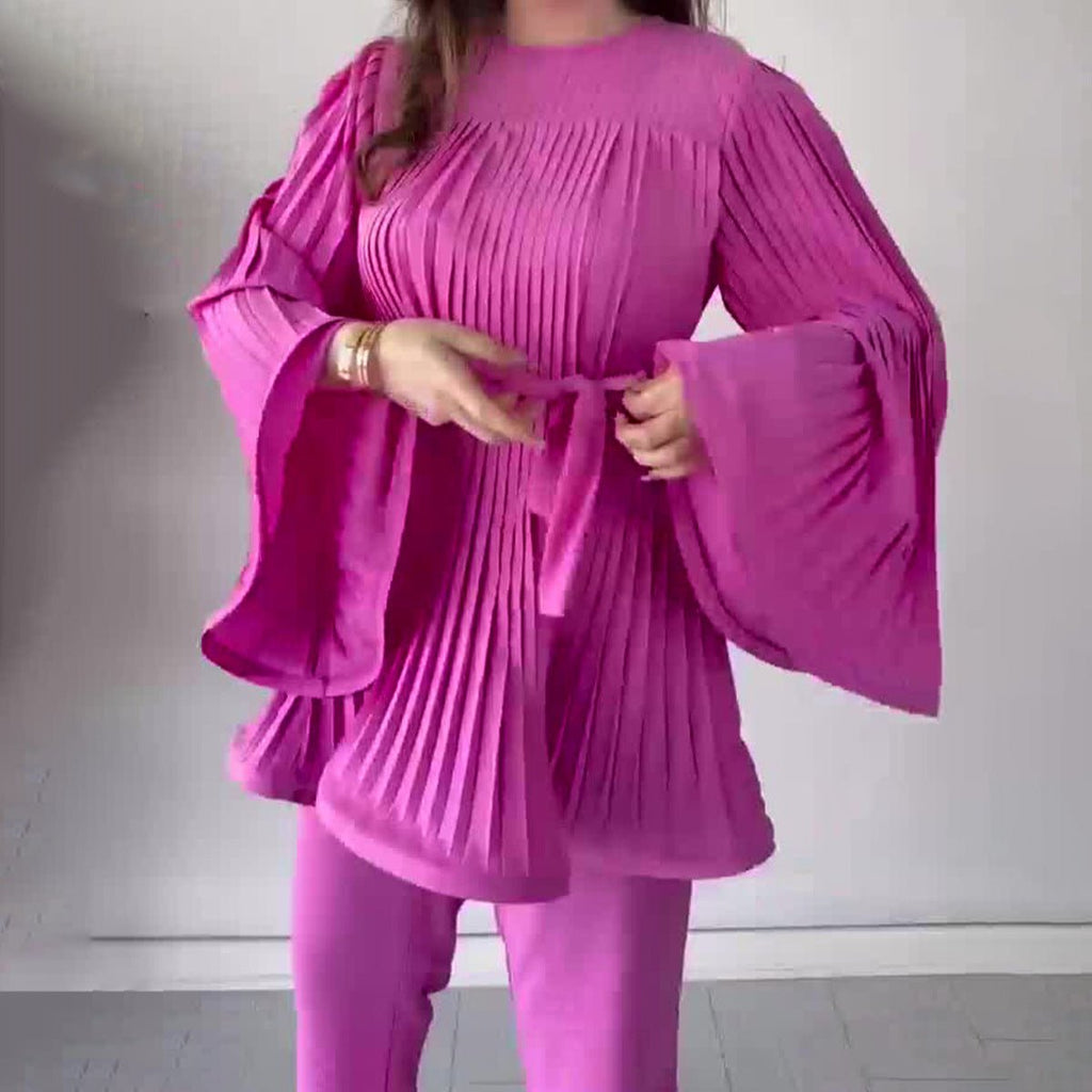 Summer Pleated Design Breathable Loose Pants Two-Piece Set (MS083)
