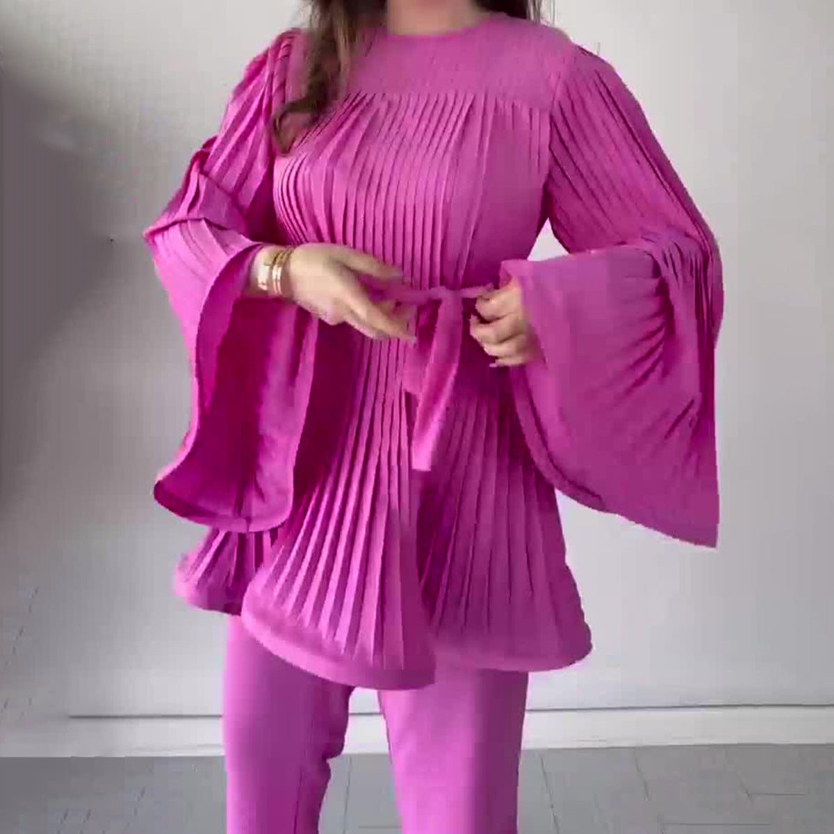 Summer Pleated Design Breathable Loose Pants Two-Piece Set (MS083)