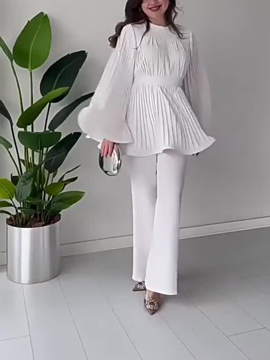 Summer Pleated Design Breathable Loose Pants Two-Piece Set (MS083)