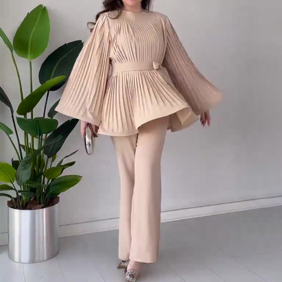 Summer Pleated Design Breathable Loose Pants Two-Piece Set (MS083)