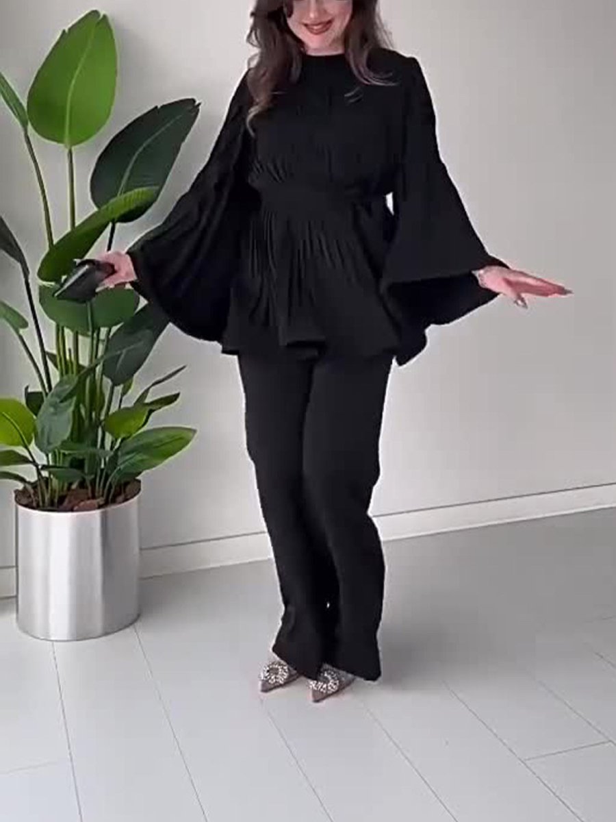 Summer Pleated Design Breathable Loose Pants Two-Piece Set (MS083)