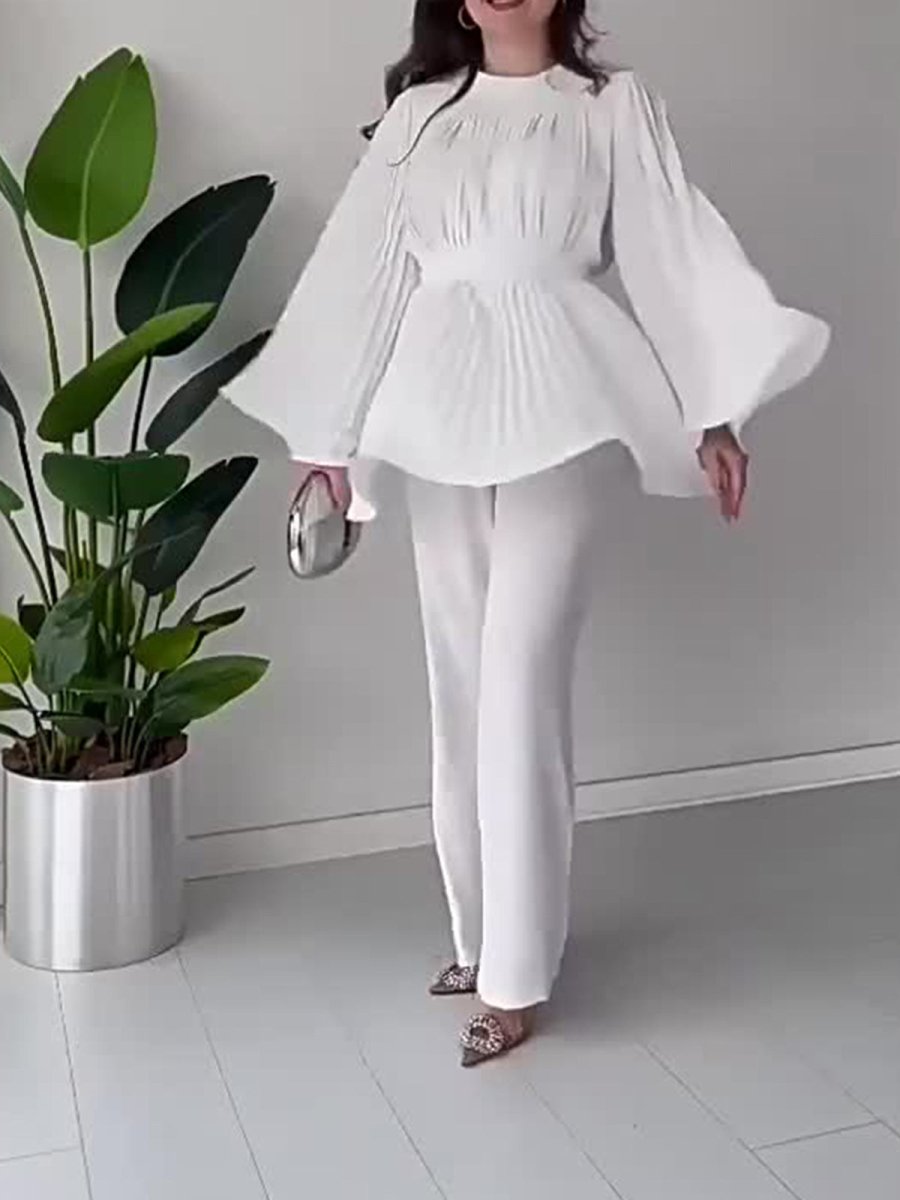 Summer Pleated Design Breathable Loose Pants Two-Piece Set (MS083)