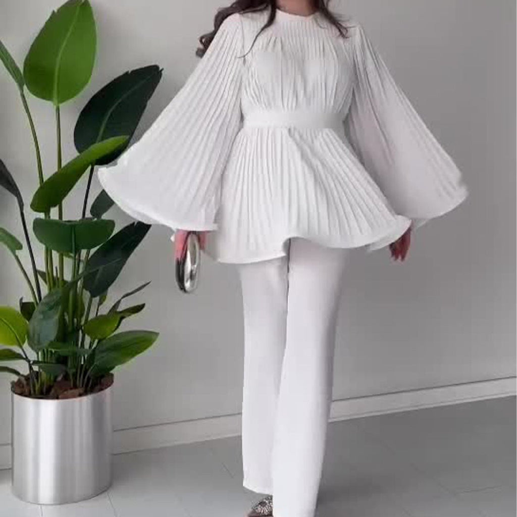 Summer Pleated Design Breathable Loose Pants Two-Piece Set (MS083)