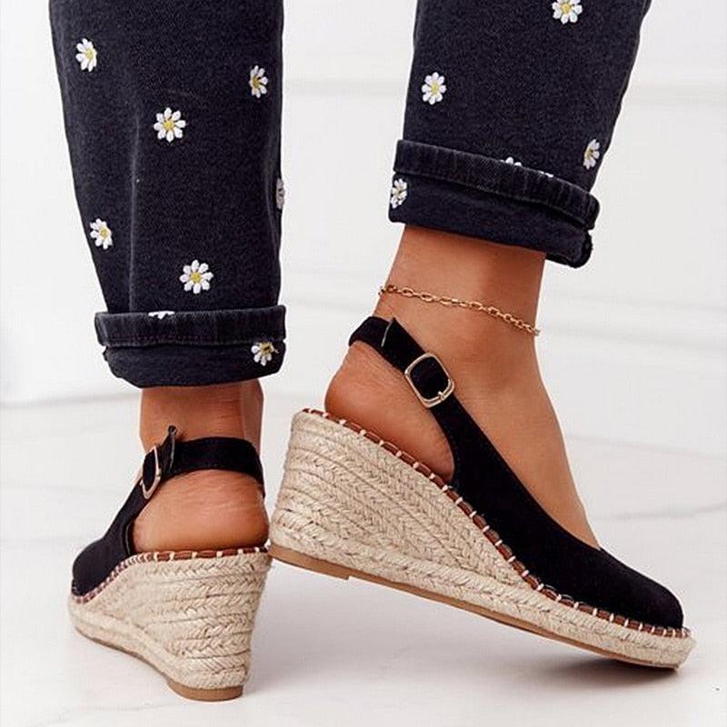 Summer Sandals Women Platform Shoes Candy Color Casual Girls Slip On Strap Cross Platform Espadrille Open Toe High Heel Sandals With Ankle Strap Buckle Up Shoes