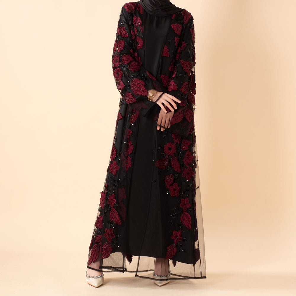 Luxury Couture 3D Floral Embellished Open Abaya(MOA300)