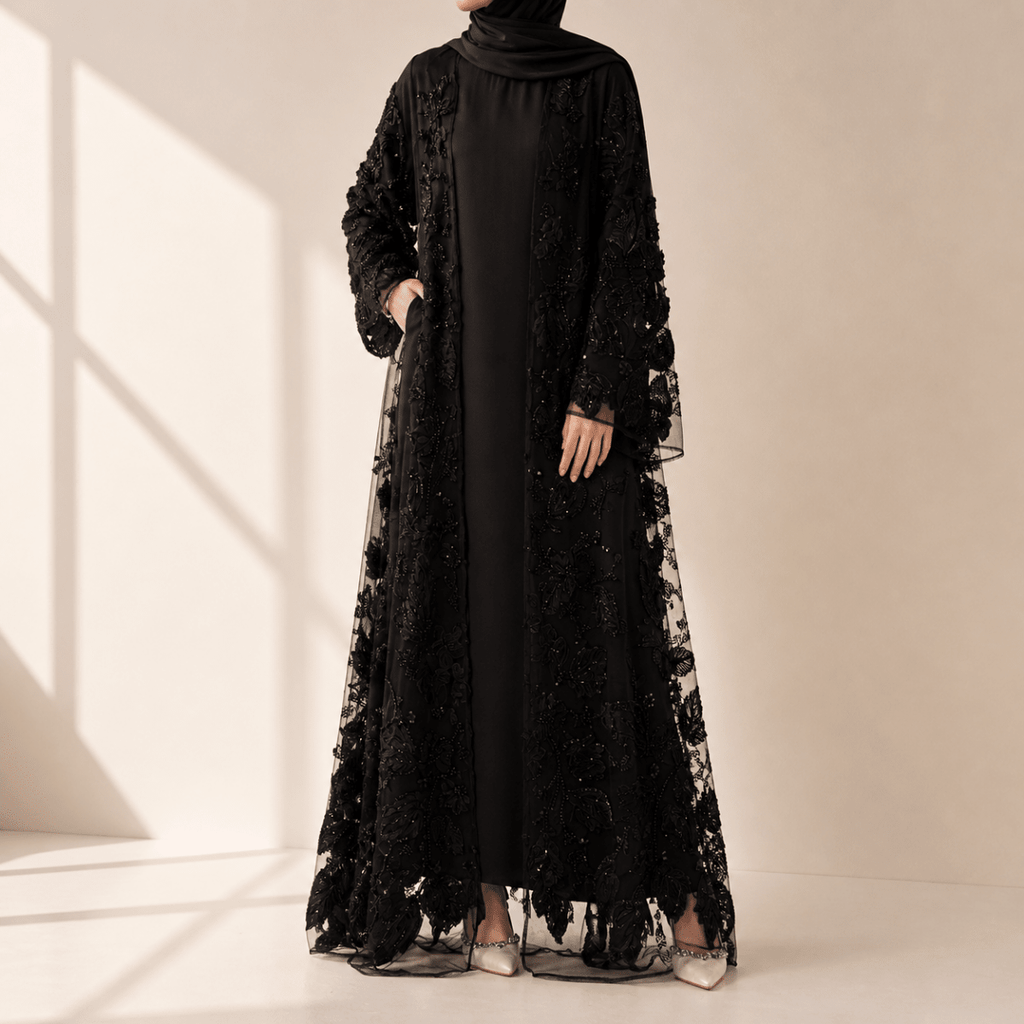 Luxury Couture 3D Floral Embellished Open Abaya(MOA300)