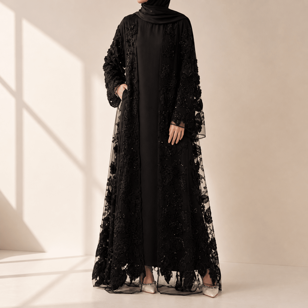 Luxury Couture 3D Floral Embellished Open Abaya(MOA300)