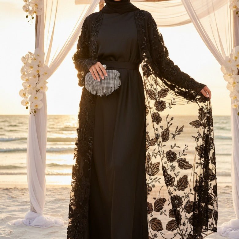 Luxury Couture 3D Floral Embellished Open Abaya(MOA300)