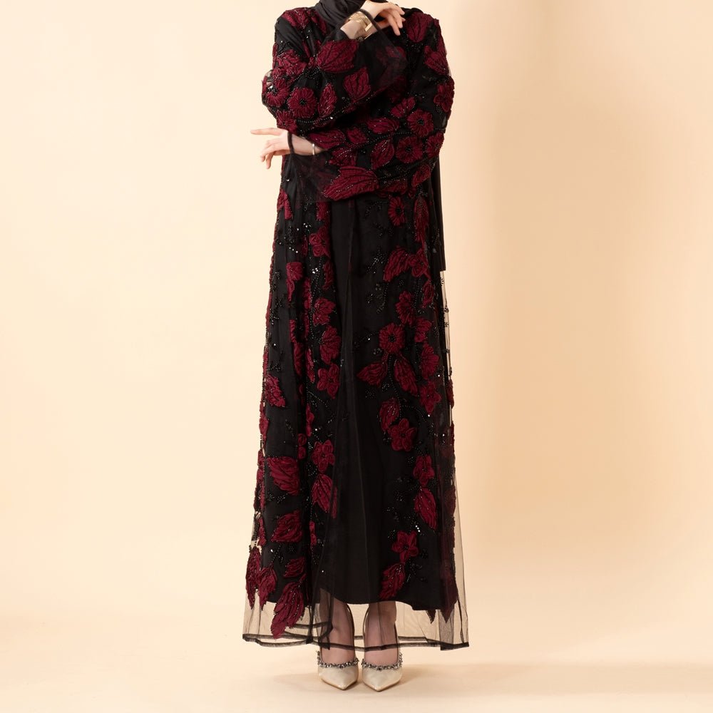 Luxury Couture 3D Floral Embellished Open Abaya(MOA300)