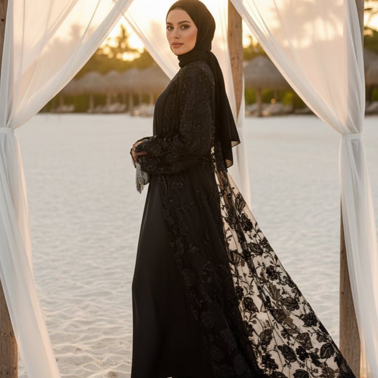 Luxury Couture 3D Floral Embellished Open Abaya(MOA300)