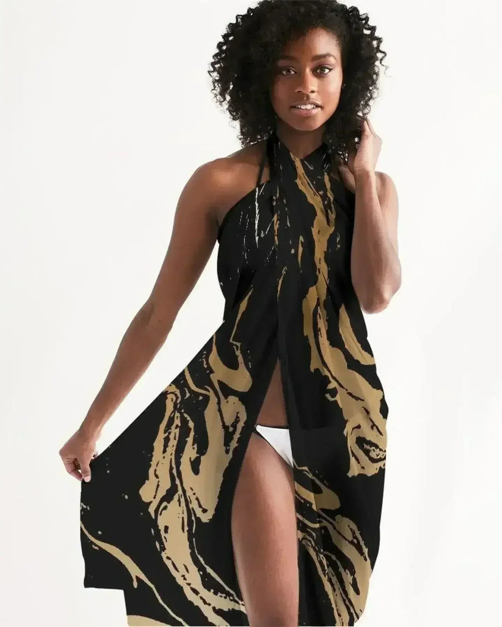 Sheer Swimsuit Cover Up Abstract Print Gold and Black
