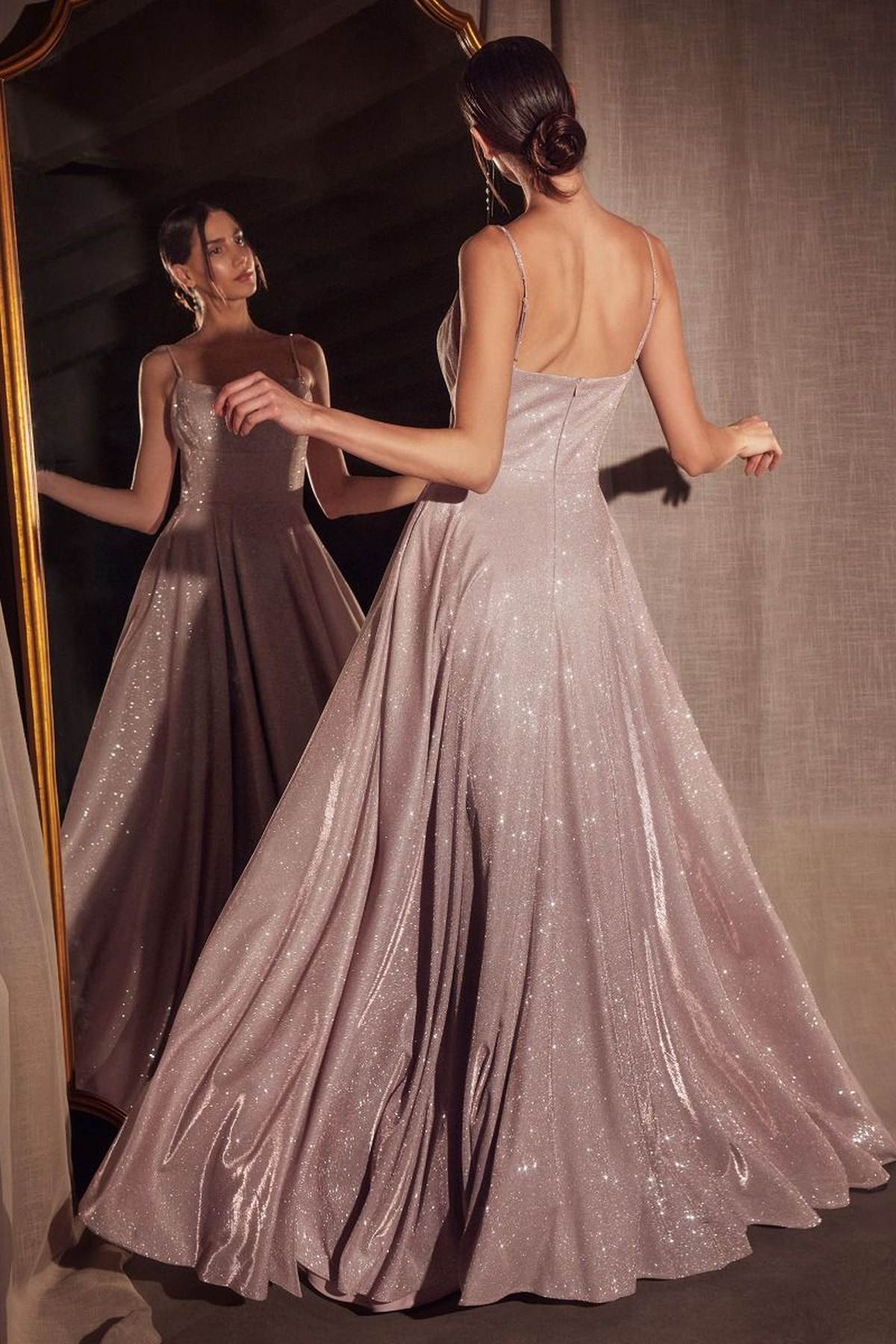 Ladivine Amoris T213 Sleeveless Spaghetti Strap A-Line Glitter Gown