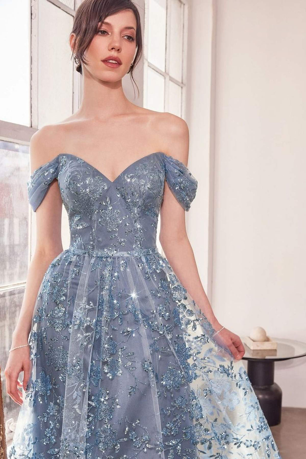 Ladivine Amoris T607 Glitter Print Off the Shoulder A-Line Prom Gown