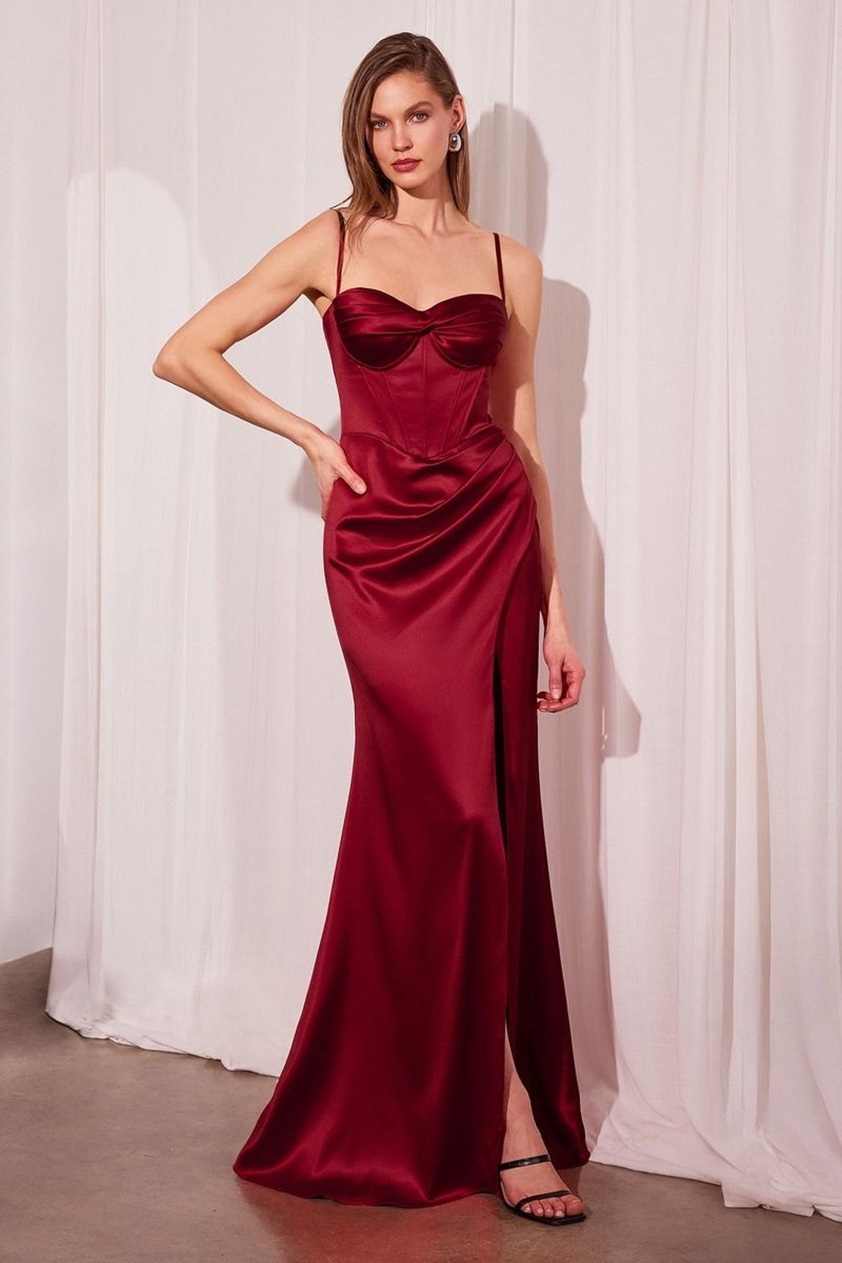 Ladivine Amoris T608 Long Fitted Satin Prom Gown Corset Bodice Slit
