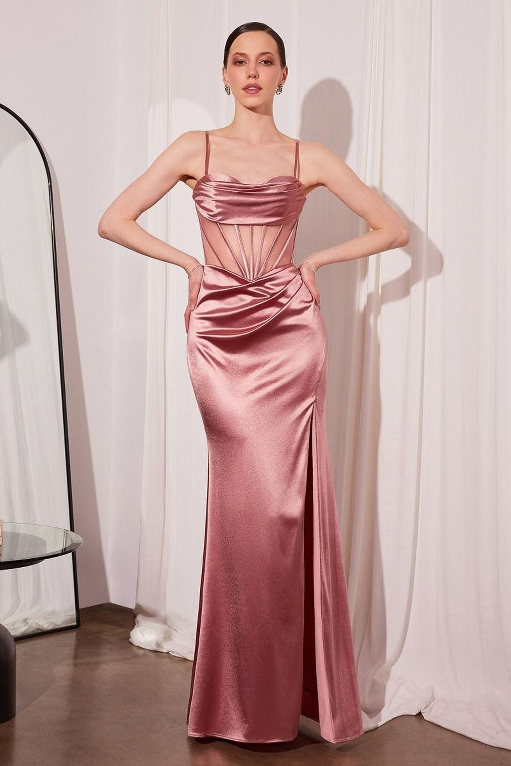Ladivine Amoris T812 Long Fitted Sheer Bodice Cowl Neck Satin Prom Dress