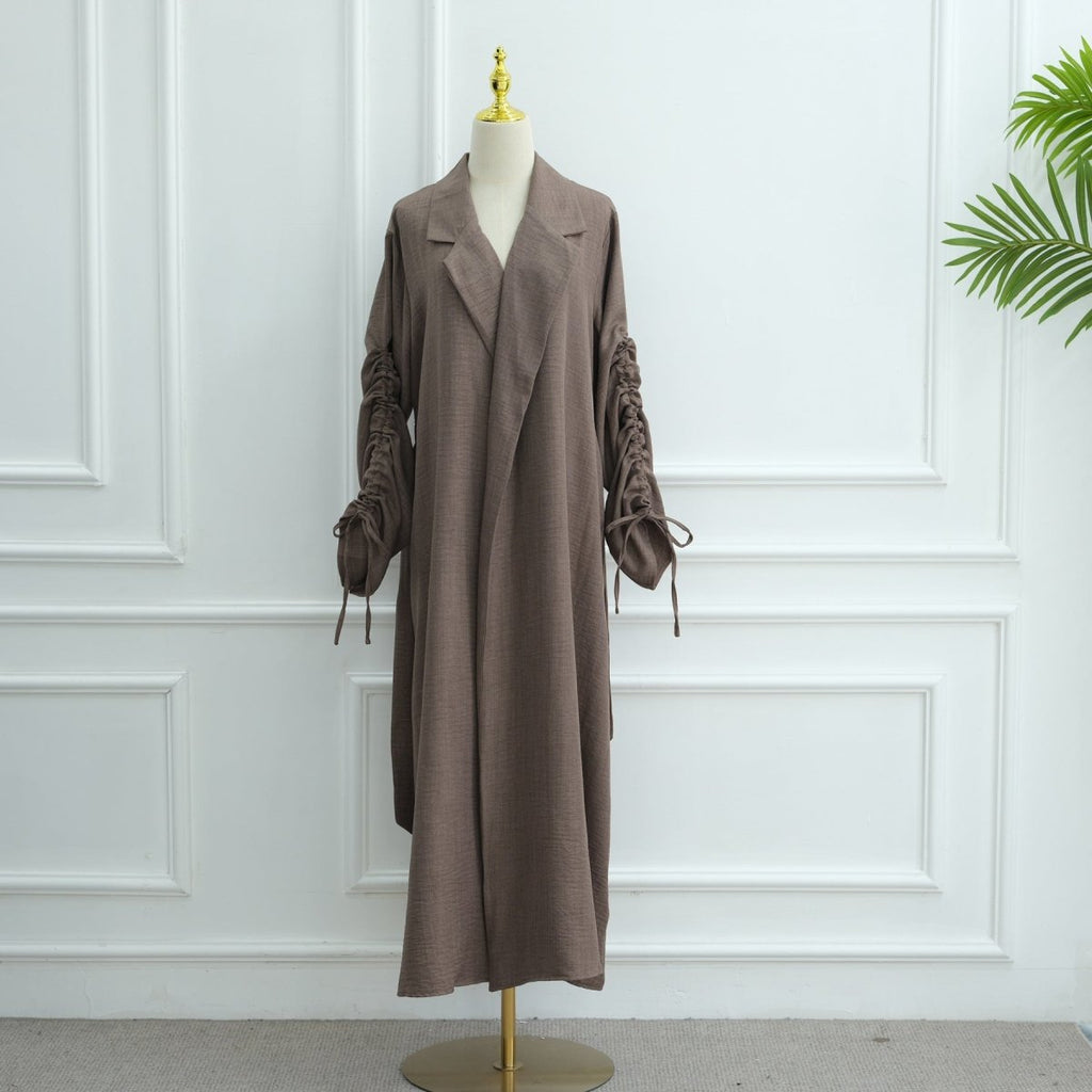 Tailored Blazer Cardigan with Ruched Sleeves | Open-Front Twill Blend Jacket(MOA246)