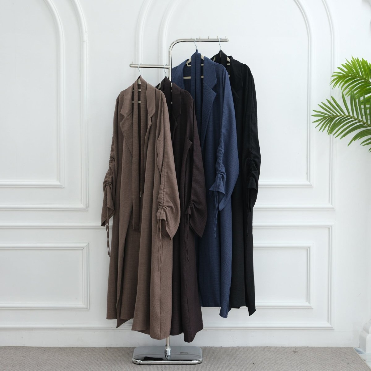 Tailored Blazer Cardigan with Ruched Sleeves | Open-Front Twill Blend Jacket(MOA246)