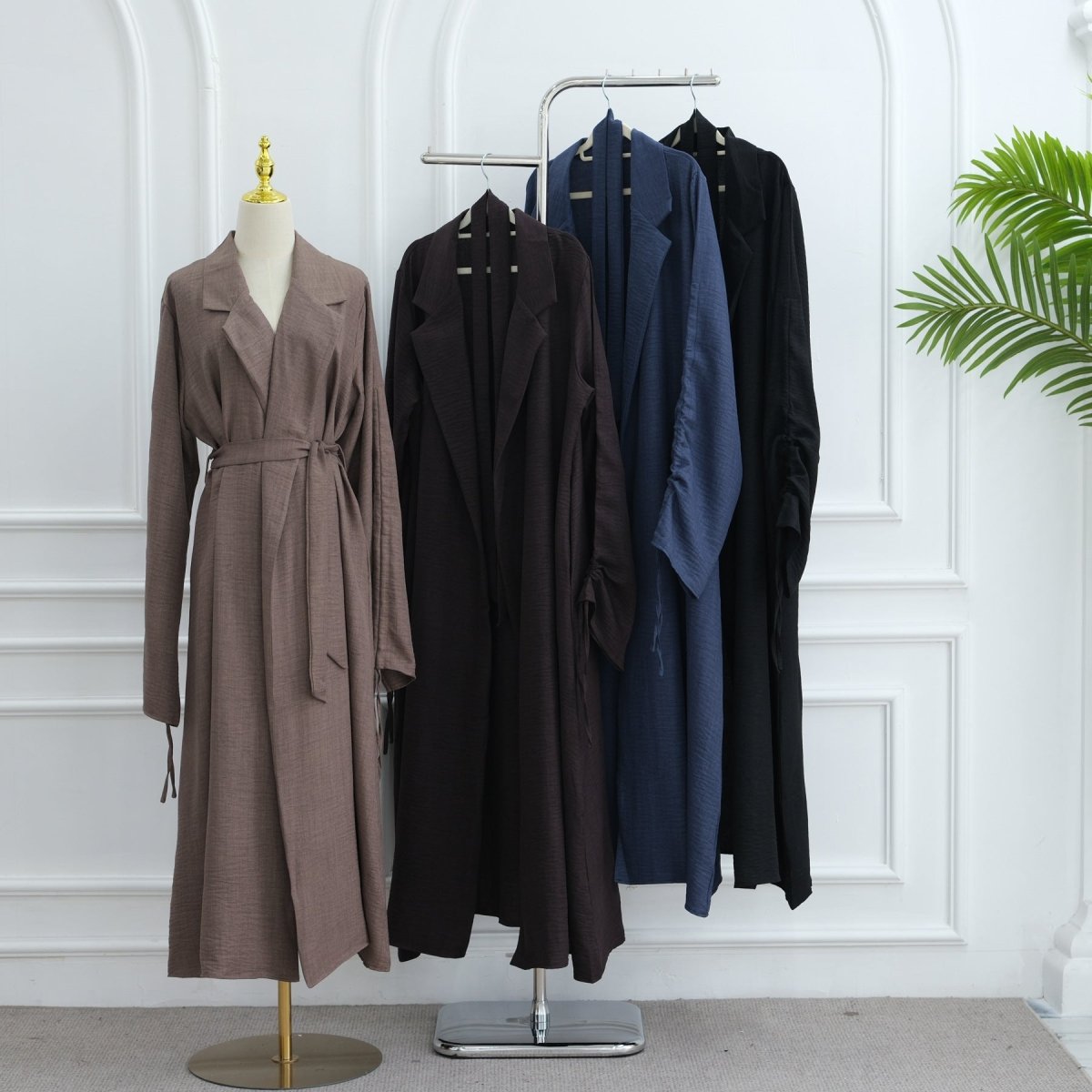 Tailored Blazer Cardigan with Ruched Sleeves | Open-Front Twill Blend Jacket(MOA246)
