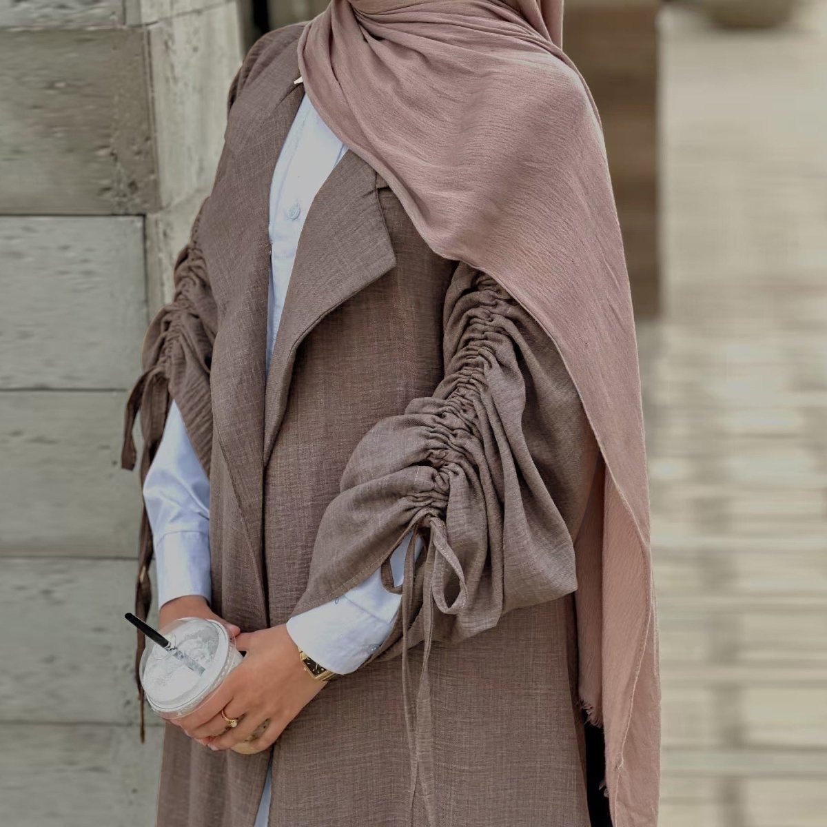 Tailored Blazer Cardigan with Ruched Sleeves | Open-Front Twill Blend Jacket(MOA246)