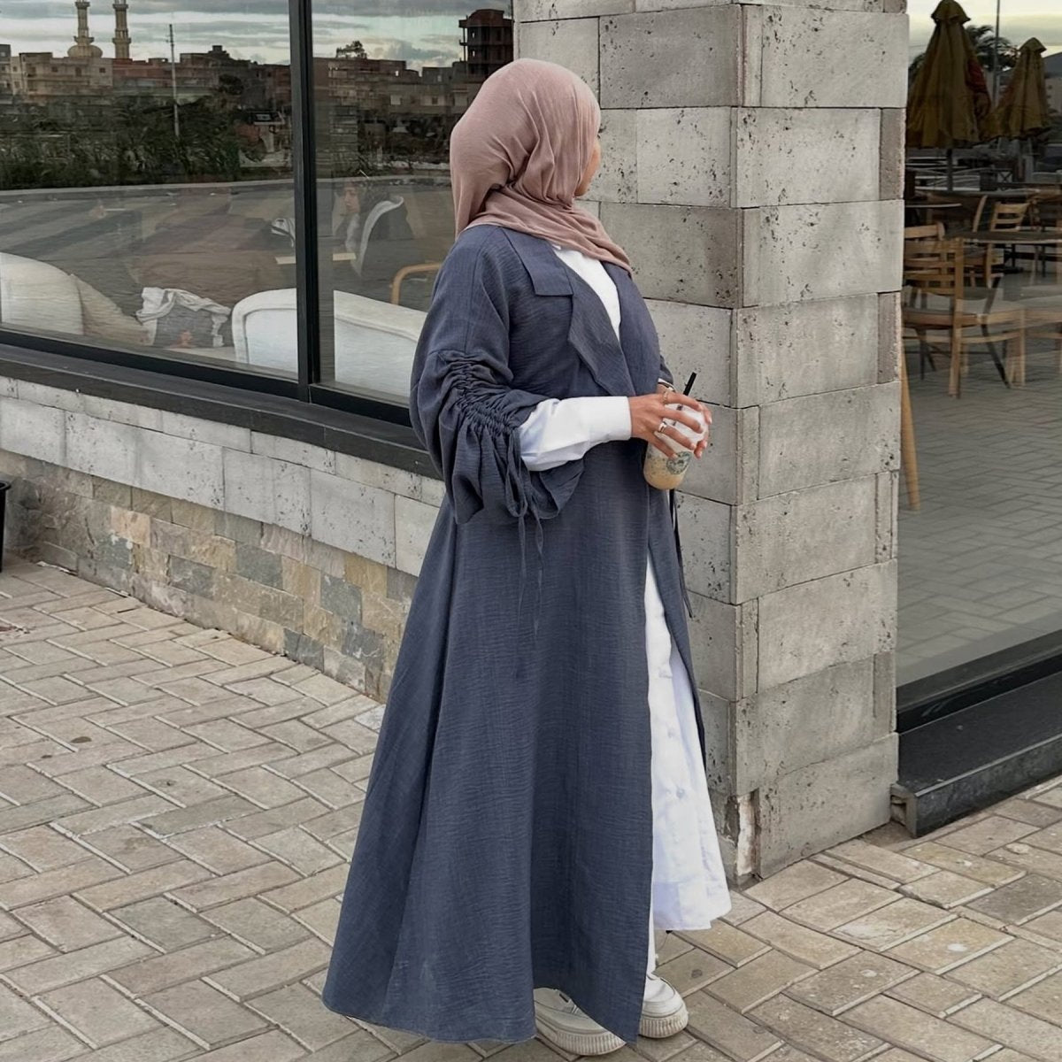 Tailored Blazer Cardigan with Ruched Sleeves | Open-Front Twill Blend Jacket(MOA246)