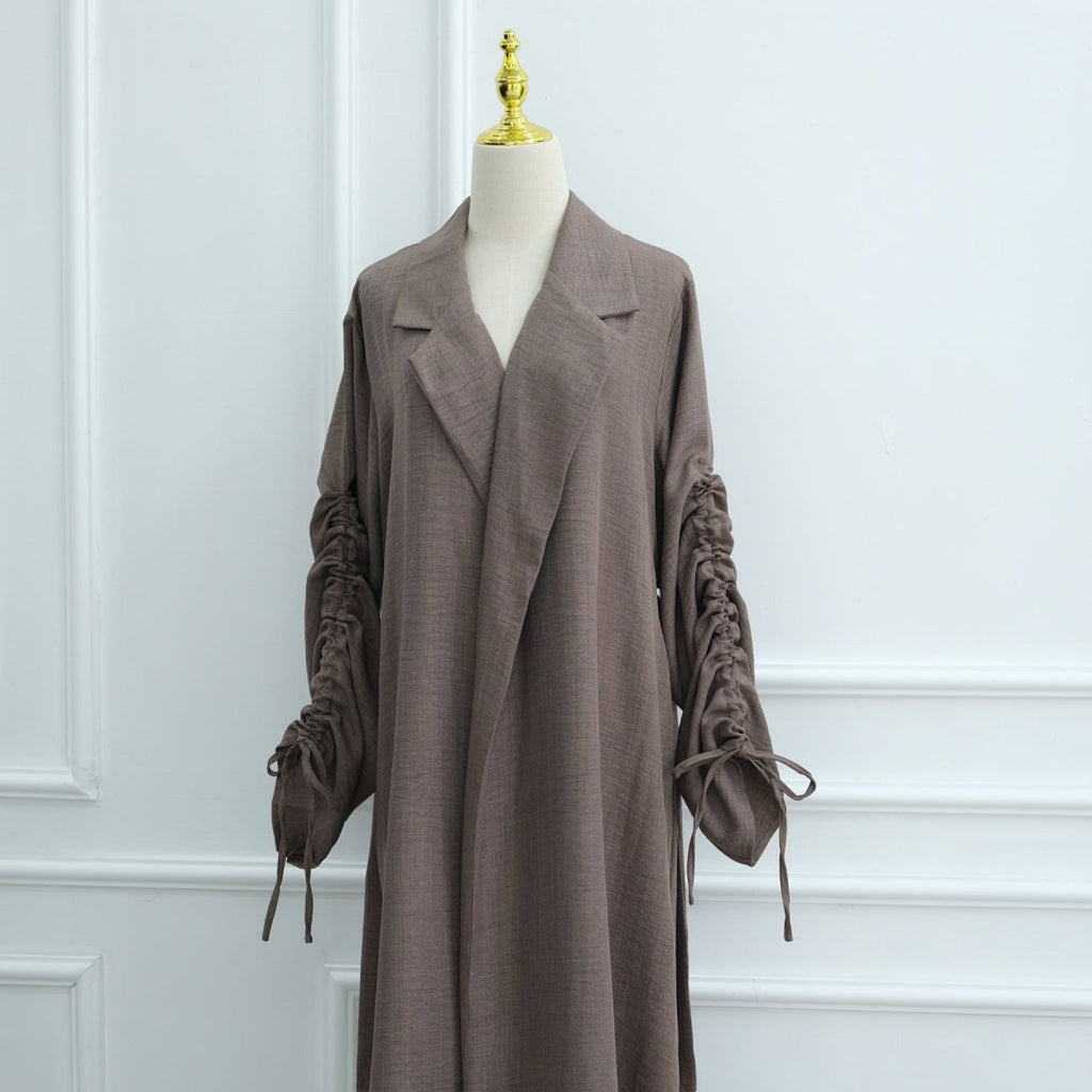 Tailored Blazer Cardigan with Ruched Sleeves | Open-Front Twill Blend Jacket(MOA246)